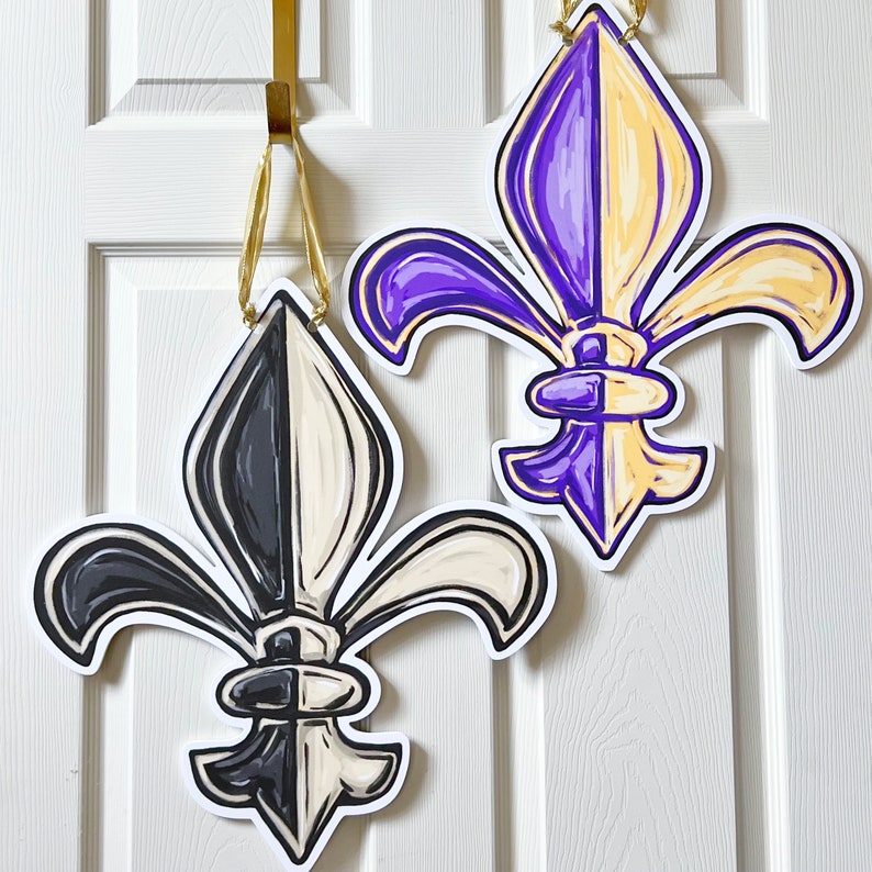 Double Sided LSU & Saints Fleur De Lis Door Hanger: Home Malone, New Orleans Art, Geaux Tigers, Outdoor Door Decor, NOLA Art, Football image 1