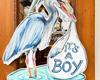 It's A Boy Blue Heron Door Hanger - Home Malone, Made In USA, Stork, Baby Boy Announcement, Baby Shower Door Hanger, K Malone Art, Cute Art