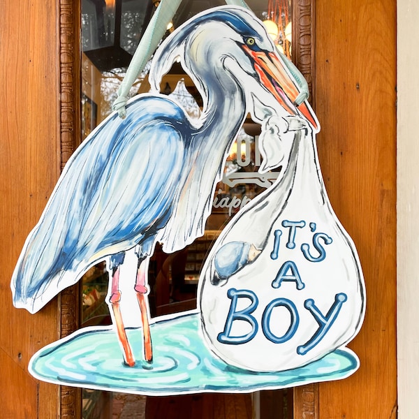 It's A Boy Blue Heron Door Hanger - Home Malone, Made In USA, Stork, Baby Boy Announcement, Baby Shower Door Hanger, K Malone Art, Cute Art