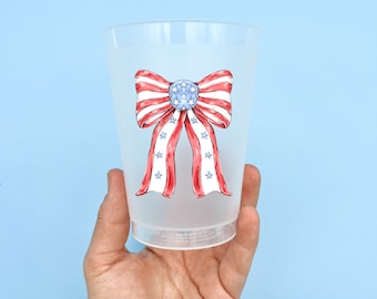 Set di tazze per feste con fiocco patriottico, casa Malone, arte di New Orleans, bicchieri in plastica, bomboniera, festa in piscina, 4 luglio, America, stelle e strisce, fiocco