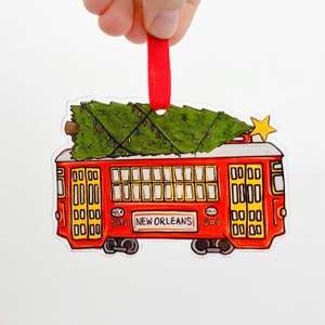 New Orleans Acrylic Christmas Streetcar Ornament - New Orleans Red Streetcar Ornament, Home Malone, Trolley, Holiday, NOLA, Small Gifts