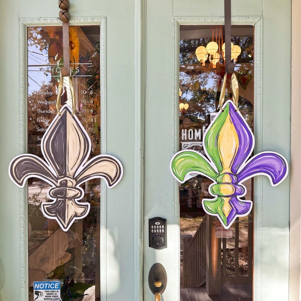 Reversible Mardi Gras & Saints Fleur De Lis Door Hanger: Home Malone, New Orleans Art, Mardi Gras, Waterproof Door Sign, NOLA, Double Sided