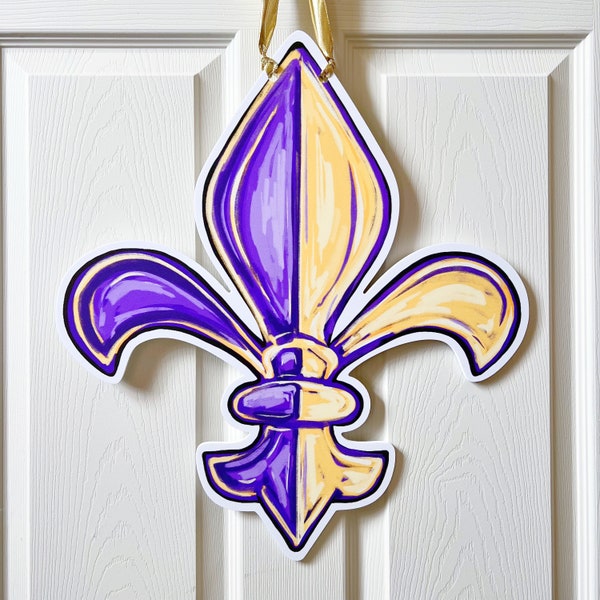 Purple & Gold LSU Fleur De Lis Door Hanger: Home Malone, New Orleans Art, Geaux Tigers, Outdoor Football Door Decor, NOLA Artist, Louisiana