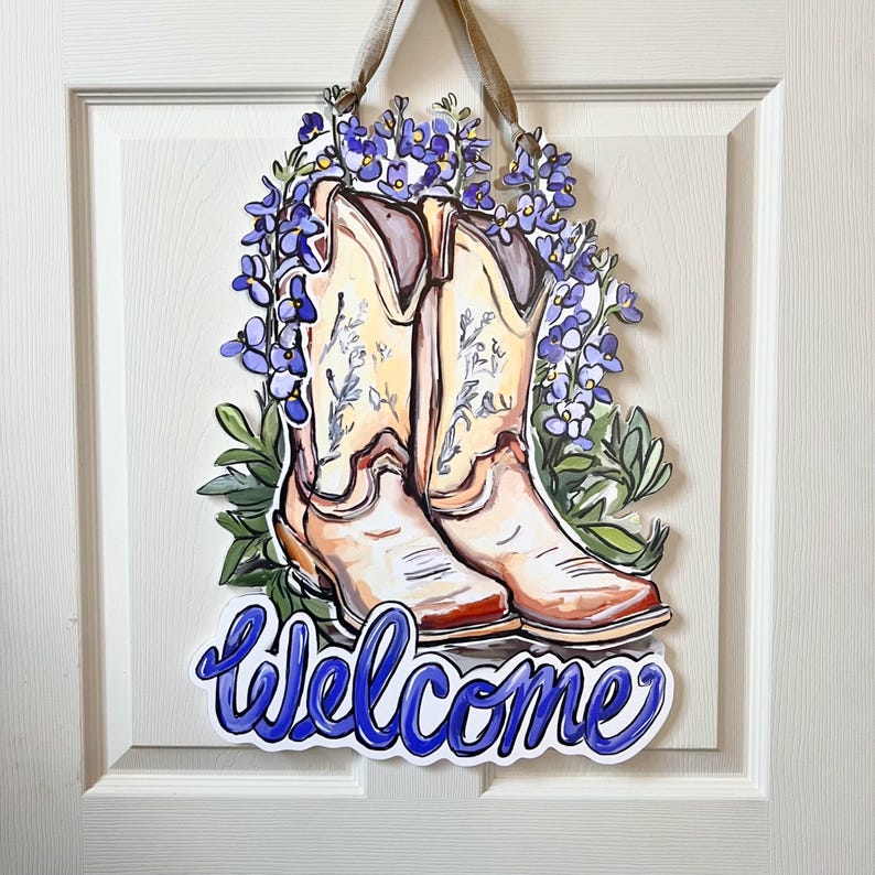 Cowboy Boot Bluebonnet Welcome Door Hanger-home Malone, New Orleans Art ...