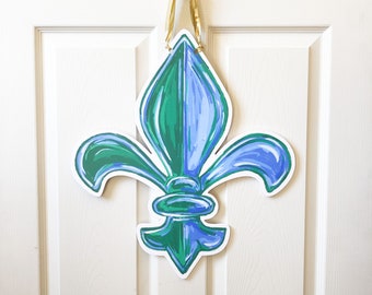 Accroche-porte fleur de lys tulane vert et bleu : maison Malone, art de la Nouvelle-Orléans, vague de rouleau, décoration de porte imperméable, artiste NOLA, vague verte NOLA