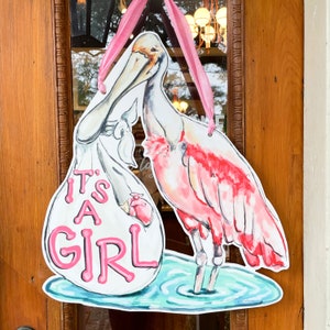 It's A Girl Door Hanger - Roseate Spoonbill Bird, Home Malone, Baby Announcement Decor, Welcome Baby, Made In USA, Stork, Welcome Baby, NOLA