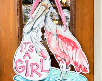 It's A Girl Door Hanger - Roseate Spoonbill Bird, Home Malone, Baby Announcement Decor, Welcome Baby, Made In USA, Stork, Welcome Baby, NOLA