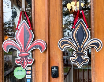 Double Sided Red + Black UL / Black + Gold Saints Fleur De Lis Door Hanger, Home Malone University of Lafayette, NOLA, Louisiana Football