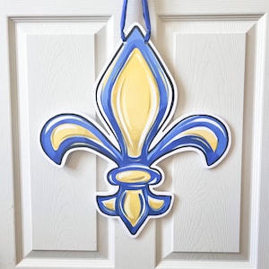 Blue and Yellow McNeese University Fleur De Lis Door Hanger, Home Malone, Louisiana Art, College Football, Home Malone, Wholesale, Made USA