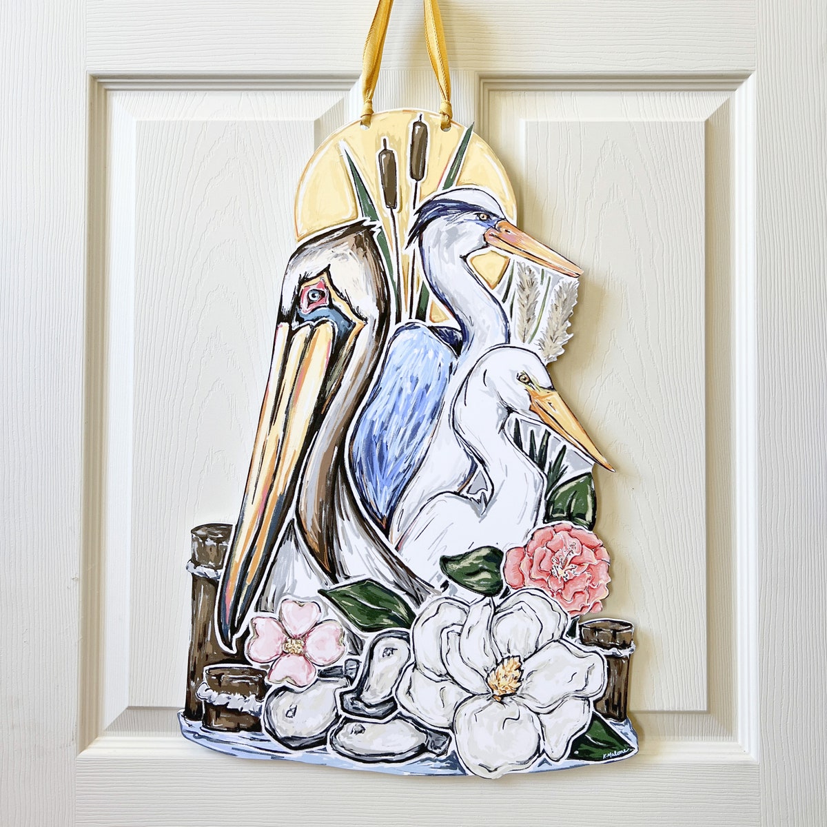 Southern Marshland Door Hanger: New Orleans Art, Home Malone, Pelican, Spring Door, Summer Door, White Crane, Blue Heron, Bayou, Magnolia - Etsy
