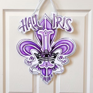 Iris Crest Door Hanger - Krewe of Iris, New Orleans Mardi Gras, Iris Krewe Fleur De Lis Crest, Home Malone, Made In USA