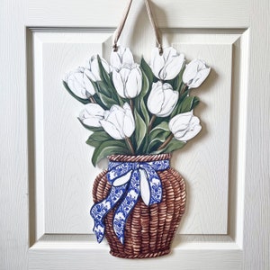 White Tulips Door Hanger-Home Malone, New Orleans Art, Floral Decor, Gardening, Pretty Door Hanger, Spring Door, Flowers, Chinoiserie