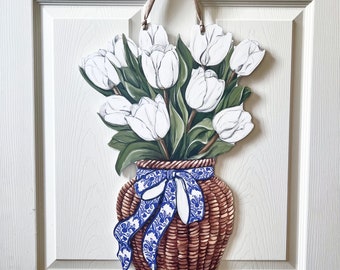 White Tulips Door Hanger-Home Malone, New Orleans Art, Floral Decor, Gardening, Pretty Door Hanger, Spring Door, Flowers, Chinoiserie