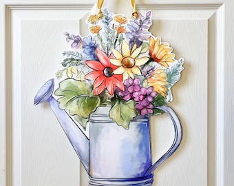 Spring Flowers in Watering Can Door Hanger-Home Malone, New Orleans Art, Floral Decor, Gardening, Pretty Door Hanger, Spring Door, Flowers