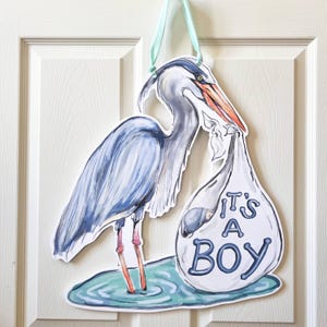 It&#39;s A Boy Blue Heron Door Hanger - Home Malone, Made In USA, Stork, Baby Boy Announcement, Baby Shower Door Hanger, K Malone Art, Cute Art