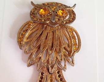 Vintage Reticulated Owl, Goldtone Metal, Sections, Loop On Back, For Creating, Pendant Necklace, Charm, Studded, Gold Rhinestones, 1970s