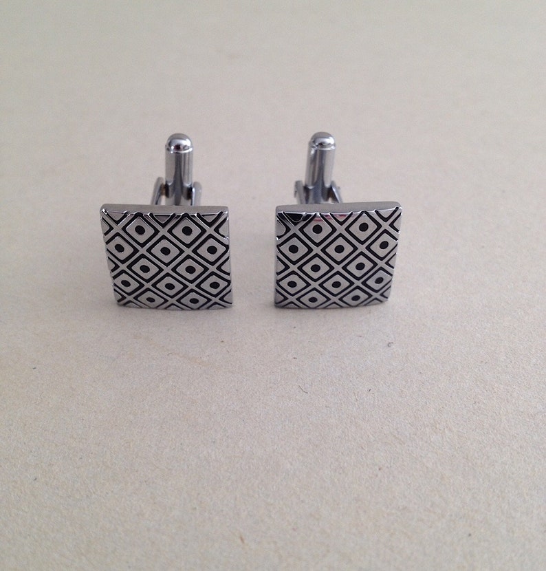Squares Vintage Silvertone Cufflinks Mid Century Modern A Pair Measuring 58 X 58 With Black Diamond Grid And Dot Design From 1970s