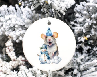 Christmas Hanging ornament featuring cute rat in a Santa hat with a snowman and snowballs ready to throw