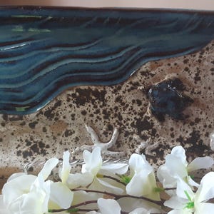Handmade Pottery Beachy Blue 15&quot;x 6&quot; Pottery Tray with Recipe for Ham and Cheese Sliders. Dishwasher, Microwave and Oven Safe.