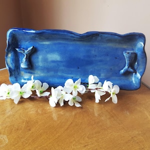 Handmade Pottery Whale Tail Indigo Float Blue 15&quot;x6&quot; Pottery Tray. Dishwasher, Microwave and Oven Safe.