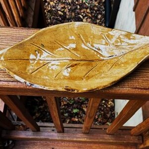 Handmade Pottery Tobacco Leaf Tray, Golden Glaze Stoneware, 12"/14" image 4