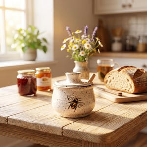 May include: A speckled ceramic honey pot with a lid and a small wooden dipper. The pot features a detailed illustration of a bumblebee on the front. The off-white ceramic has a rustic, textured finish with small dark brown flecks throughout.