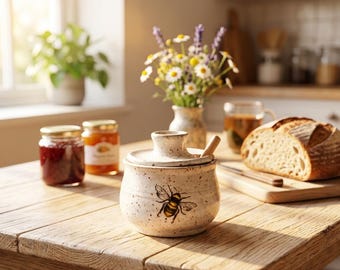 May include: A speckled ceramic honey pot with a lid and a small wooden dipper. The pot features a detailed illustration of a bumblebee on the front. The off-white ceramic has a rustic, textured finish with small dark brown flecks throughout.