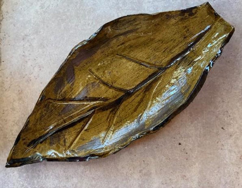 Handmade Pottery Tobacco Leaf Tray, Golden Glaze Stoneware, 12"/14" image 3