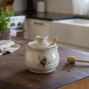 Special Orders being taken. Miniature Honey Pot w/Dipper Handmade Pottery 5"W, 3.5"H. Speckled White with Honey Bee Decal on front.