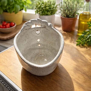 May include: A speckled, off-white ceramic hanging planter with a braided handle and three drainage holes. The planter is empty, and sits on a wooden surface. The background includes potted herbs, tomatoes, and a bottle of olive oil.
