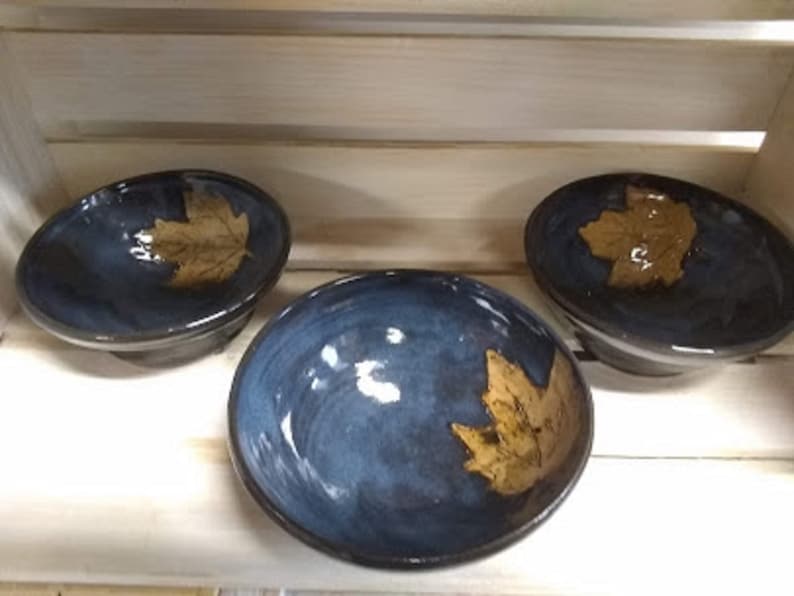 Soup and Cereal Bowl NC Pottery Stoneware 6 x 3 Midnight Blue with Maple Leaf