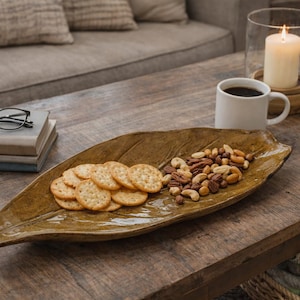 Handmade Pottery Leaf Tray, Golden Glaze Stoneware, 12"/14"