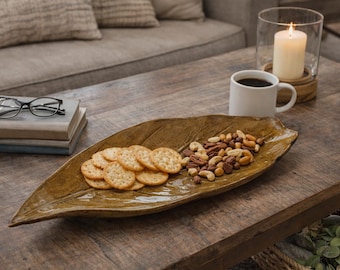 Handmade Pottery Tobacco Leaf Tray, Golden Glaze Stoneware, 12"/14"