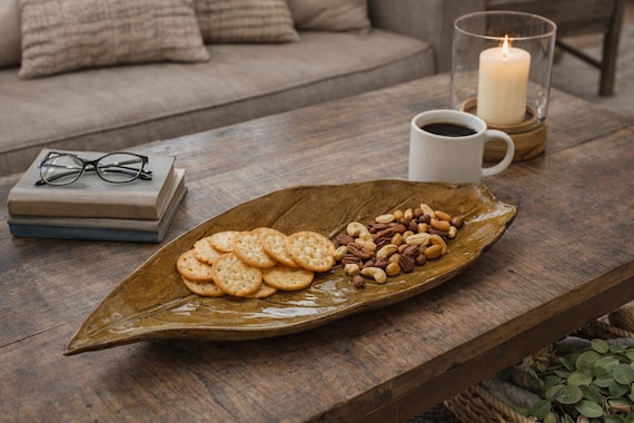 Handmade Pottery Tobacco Leaf Tray, Golden Glaze Stoneware, 12"/14"