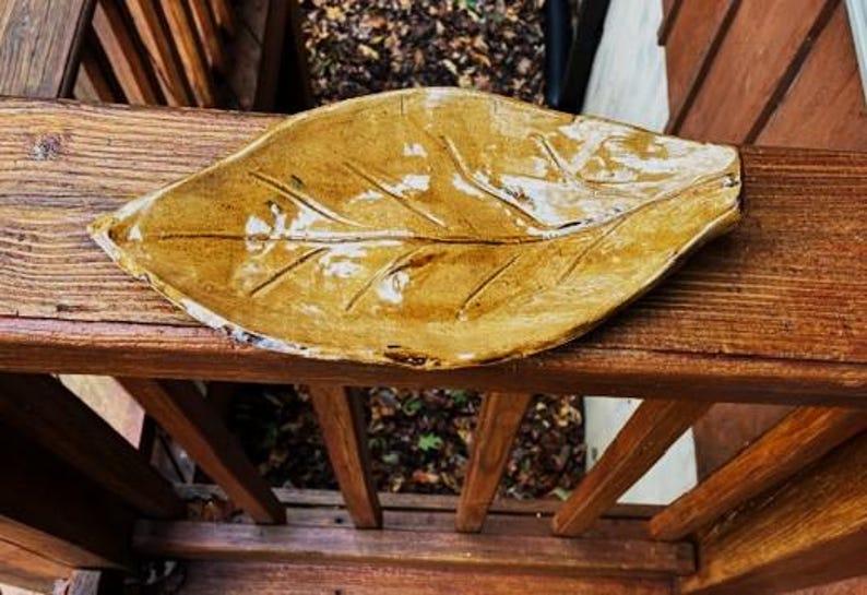 Handmade Pottery Tobacco Leaf Tray, Golden Glaze Stoneware, 12"/14" image 4
