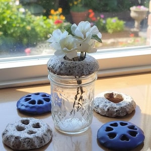 Handmade Pottery Flower Frog, Speckled Brownstone Clay, Mason Jar Decor