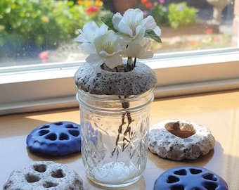 Handmade Pottery Flower Frog, Speckled Brownstone Clay, Mason Jar Decor