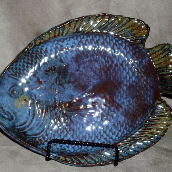 Pottery Fish Plate Platter Stoneware Handmade  8" x 10" Blue Rutile Glaze