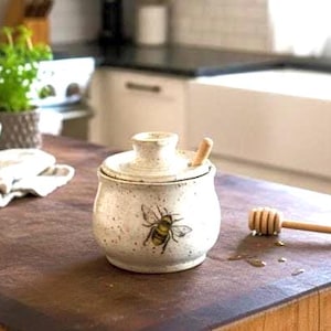 May include: A ceramic honey pot with a lid and a wooden honey dipper. The pot is speckled with a painted bee design. A small amount of honey is spilled on the wooden surface next to the pot.