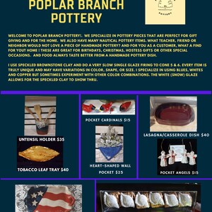 May include: A collection of handmade pottery items, including a tobacco leaf tray, a heart-shaped wall pocket, a set of six seashell napkin rings, a lasagna/casserole dish, a utensil holder, pocket cardinals, pocket angels, and an American flag tray. The pottery is made with speckled brownstone clay and features a variety of colors, including blue, white, and copper.