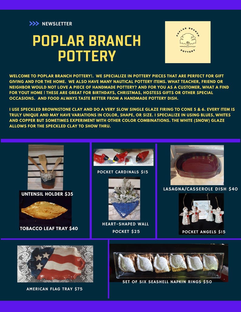 May include: A collection of handmade pottery items, including a tobacco leaf tray, a heart-shaped wall pocket, a set of six seashell napkin rings, a lasagna/casserole dish, a utensil holder, pocket cardinals, pocket angels, and an American flag tray. The pottery is made with speckled brownstone clay and features a variety of colors, including blue, white, and copper.