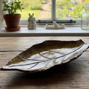 Handmade Pottery Leaf Tray, Golden Glaze Stoneware, 12"/14"