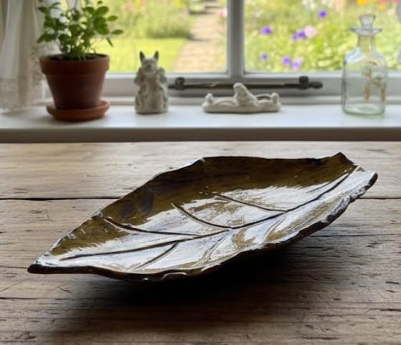 Handmade Pottery Tobacco Leaf Tray, Golden Glaze Stoneware, 12"/14" image 2