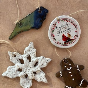 Handmade Pottery Christmas Ornaments: Speckled Brownstone Clay, Set of 4