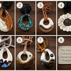 May include: A collection of seven ceramic pendants on leather cords, each with unique shapes and glazes, including teardrop and circular designs. The eighth square tile features the text: The Artisan Collection - Handcrafted Pendants.