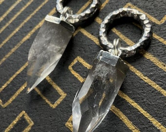 Hammered silver plated steel clip hoop earrings weights with clear quartz points