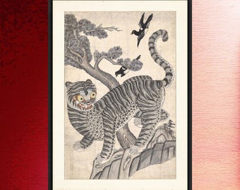 韓国の民芸絵画 虎とカササギ 1980 ミンファ「虎とカササギ」：19世紀韓国の古典民画、アンティーク