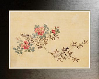 Può includere: Un delicato dipinto ad acquerello di un ramo fiorito con fiori rosa e bianchi. Il dipinto è su uno sfondo beige chiaro.