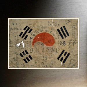 Old Korean Flag Taegeukgi with Patriotic Veterans Signature of Korean War