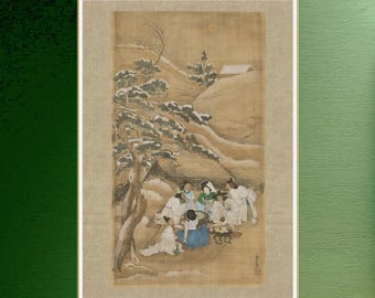 May include: A painting depicting a group of people gathered under a pine tree in a snowy landscape. The people are dressed in traditional Korean clothing and are seated around a table with food and drink. The painting is done in a traditional style with muted colors and delicate brushstrokes.